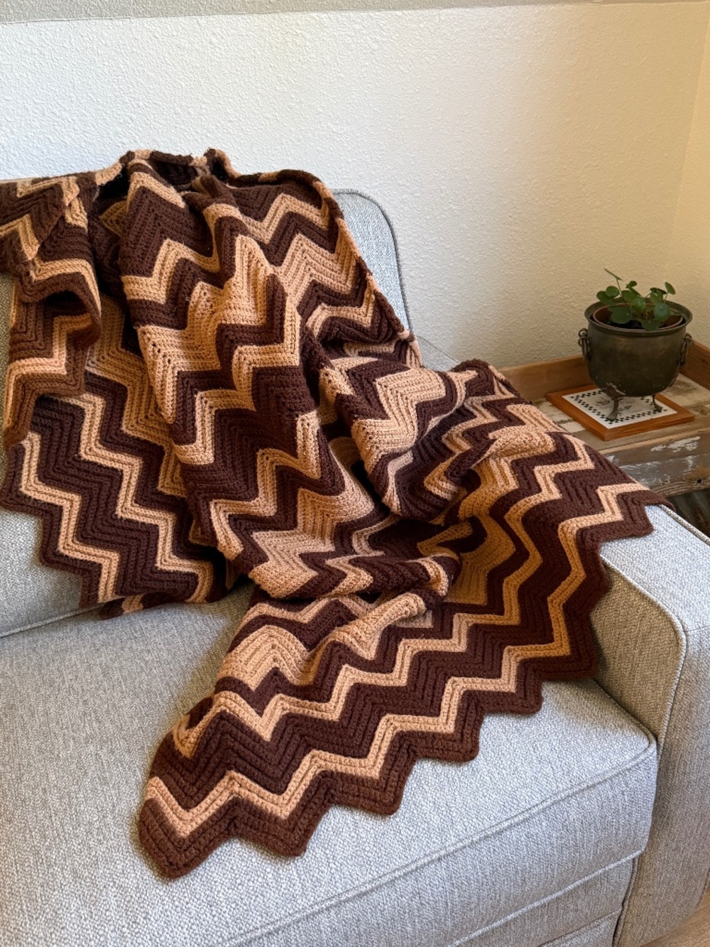 Handmade Crochet Afghan Blanket Earth Tone Chevron Zig Zag Large Couch Throw 70s